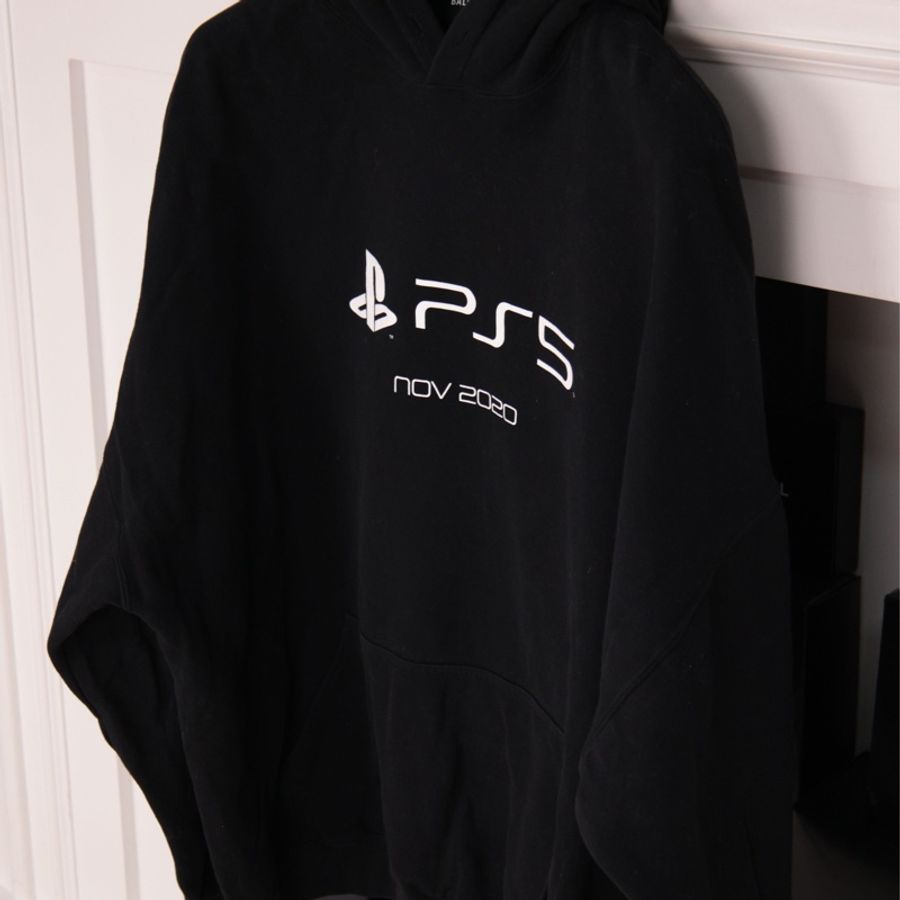 Balenciaga x PS5联名黑色加绒连帽套头卫衣外套-8