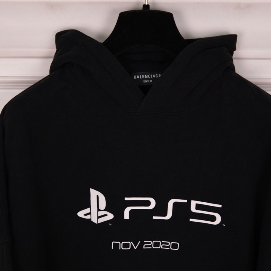 Balenciaga x PS5联名黑色加绒连帽套头卫衣外套-13