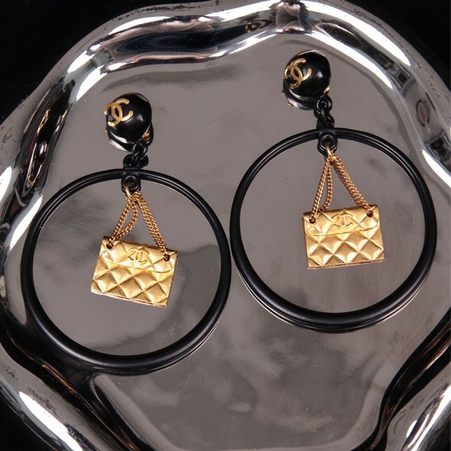Chanel 94年黑金CF包包吊坠大圈耳夹-0
