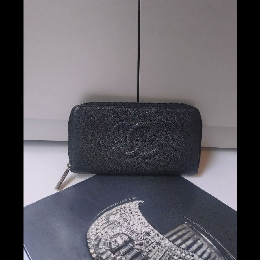 Chanel 黑荔枝皮雙C拉鍊長夾-0