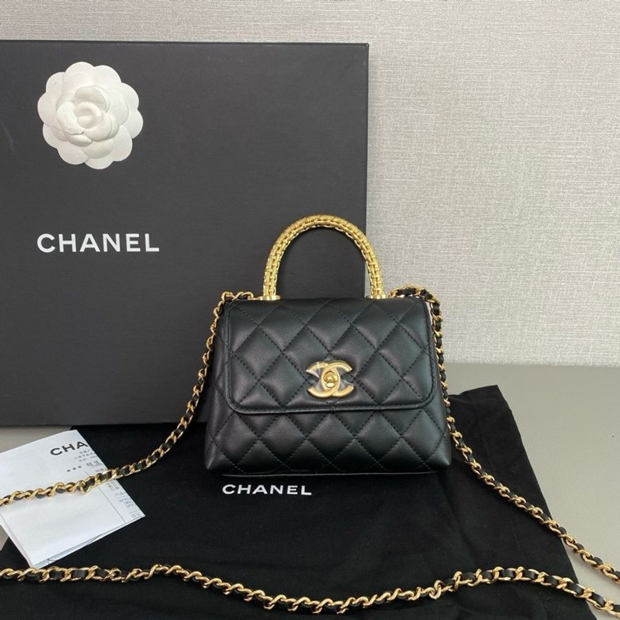 Chanel香奈兒🖤 25A 新款編織水鑽💎手柄cocohandle mini黑金牛皮 99新 芯片款-2