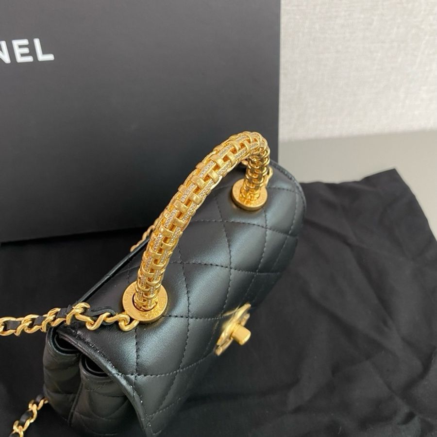 Chanel香奈兒🖤 25A 新款編織水鑽💎手柄cocohandle mini黑金牛皮 99新 芯片款-4