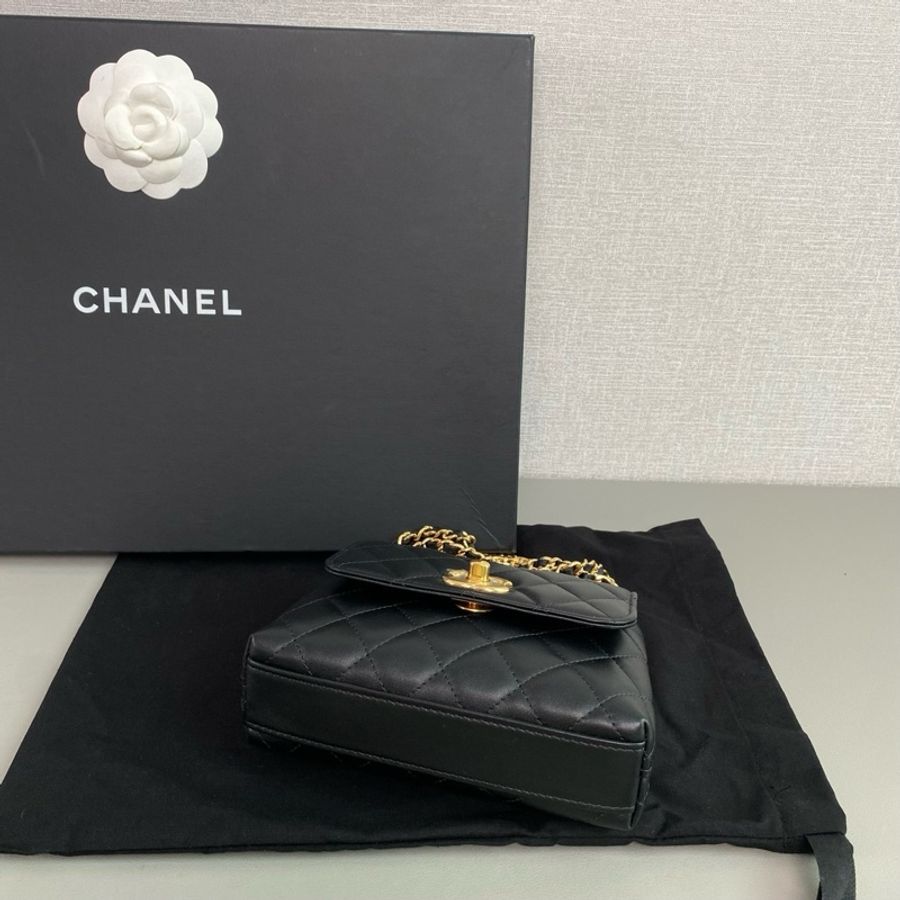 Chanel香奈兒🖤 25A 新款編織水鑽💎手柄cocohandle mini黑金牛皮 99新 芯片款-5