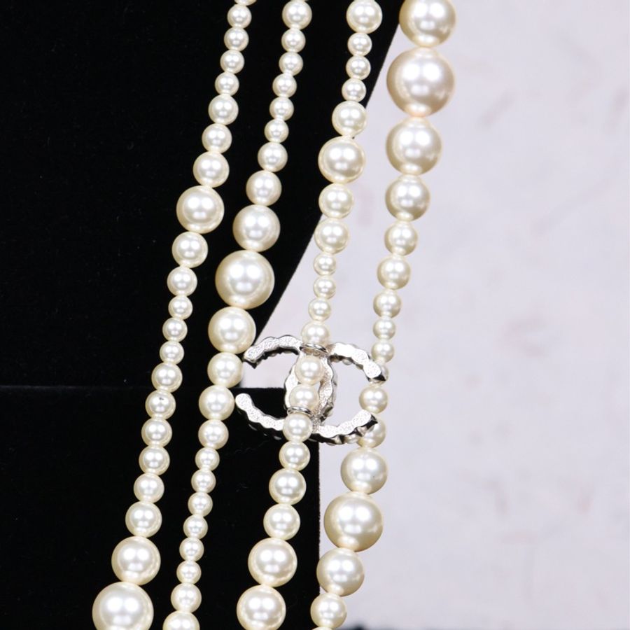 Chanel 14年白色珍珠拼接cc多层毛衣链长项链-16