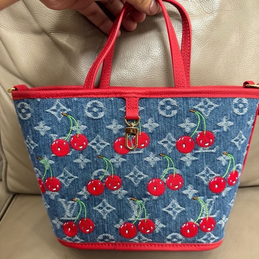🍒 路易威登 LV 村上隆櫻桃限定 Neverfull BB 牛仔藍拼紅色托特包子母包手提包斜挎包單肩包 芯片款-3