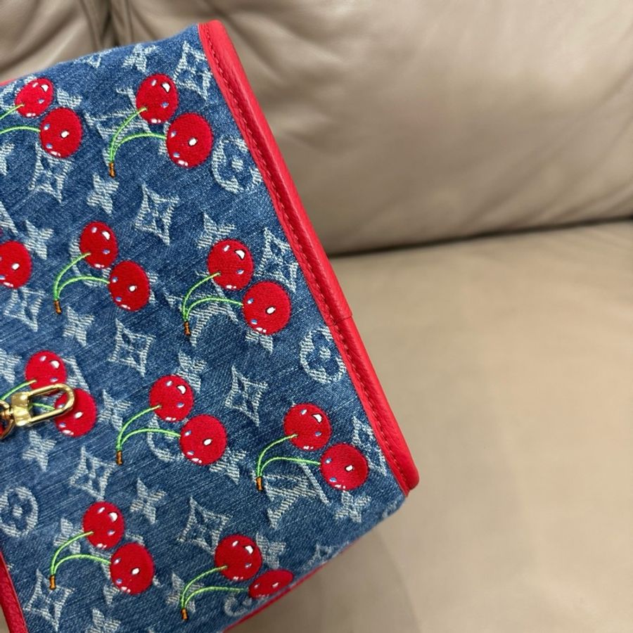 🍒 路易威登 LV 村上隆櫻桃限定 Neverfull BB 牛仔藍拼紅色托特包子母包手提包斜挎包單肩包 芯片款-5