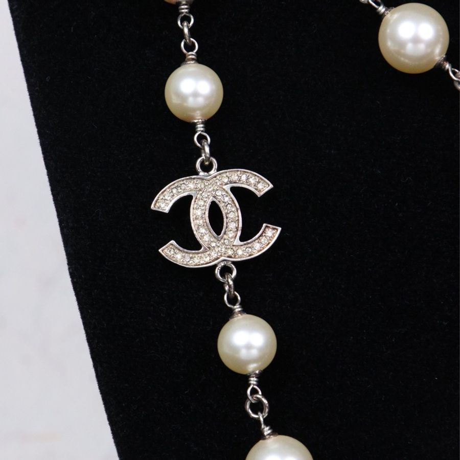 Chanel 白色珍珠拼接cc毛衣链长项链-11
