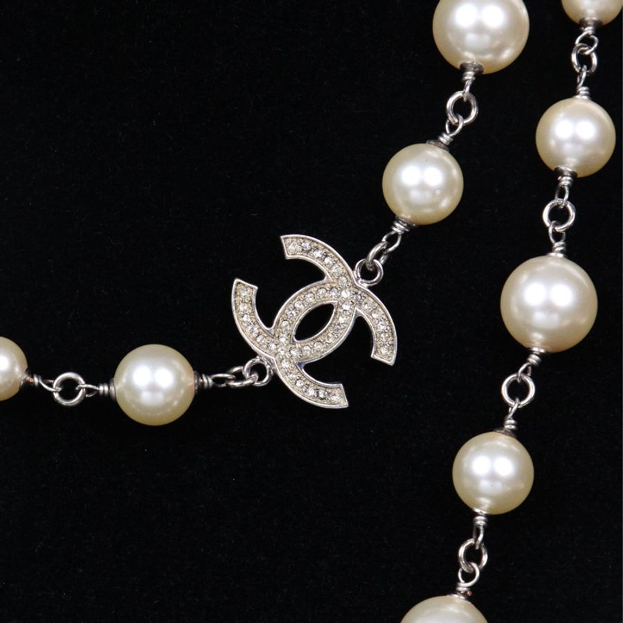 Chanel 白色珍珠拼接cc毛衣链长项链-12