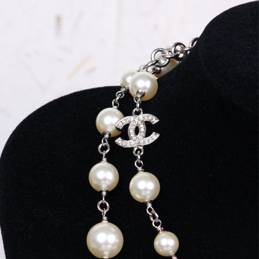 Chanel 白色珍珠拼接cc毛衣链长项链-13