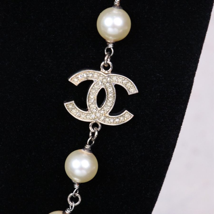 Chanel 白色珍珠拼接cc毛衣链长项链-16