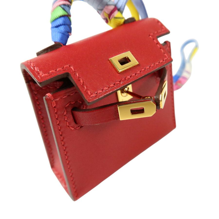 HERMES Tadelakt皮革/絲質Mini Kelly Twilly Bag Charm金扣掛飾Rouge Vif-4