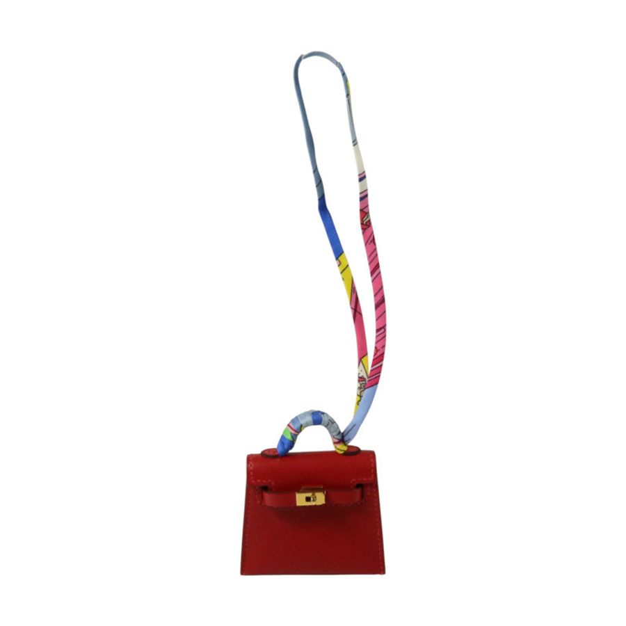 HERMES Tadelakt皮革/絲質Mini Kelly Twilly Bag Charm金扣掛飾Rouge Vif-8