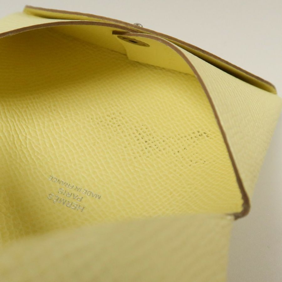 HERMES Epsom皮革Calvi銀扣卡片套Jaune Milton-11