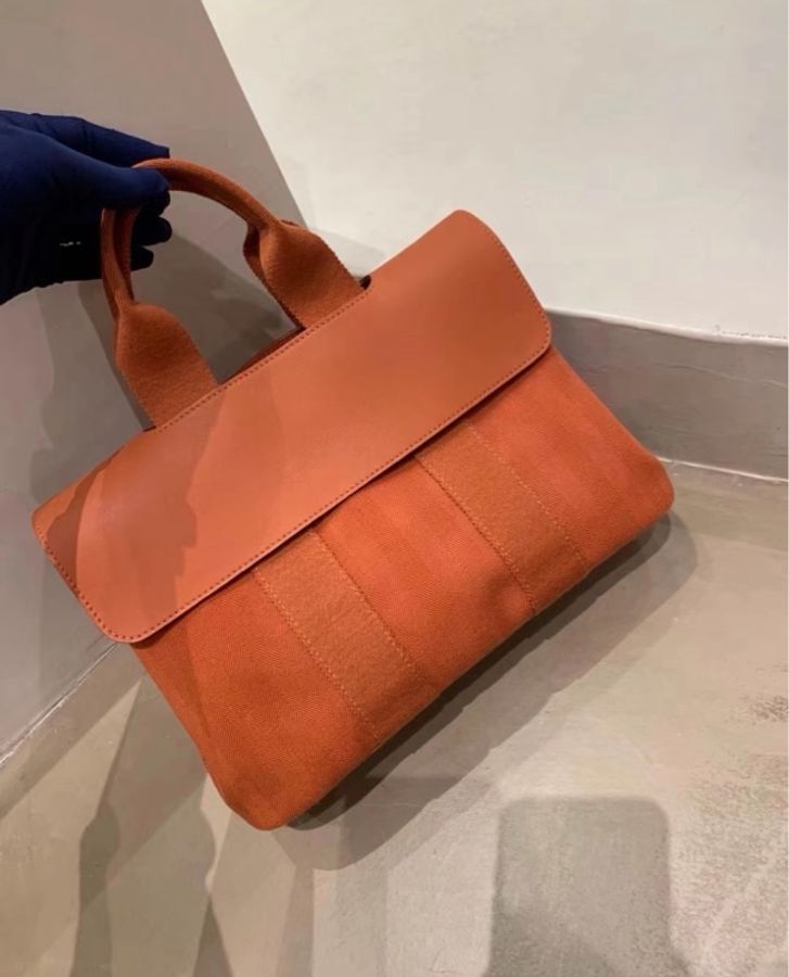 「JL精品代購」95新 Hermes 愛馬仕Valparaiso橙色帆布拼皮蘑菇包PM-0