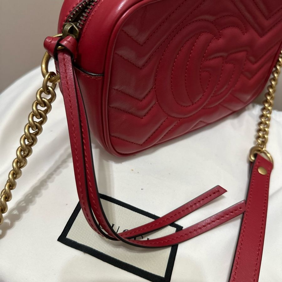 Gucci 紅色斜背包 正品 金鍊 相機包-15