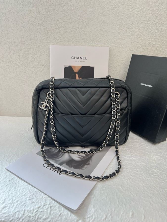 Chanel香奈兒黑銀雙CV紋相機包鏈條單肩包 17開-7
