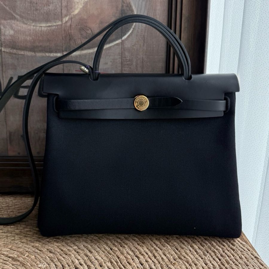 愛馬仕 Hermes 帆布配皮herbag31黑金手提包單肩包斜挎包-0