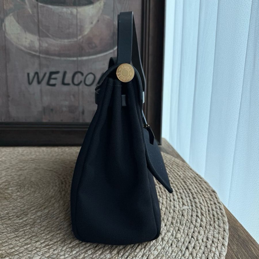 愛馬仕 Hermes 帆布配皮herbag31黑金手提包單肩包斜挎包-2