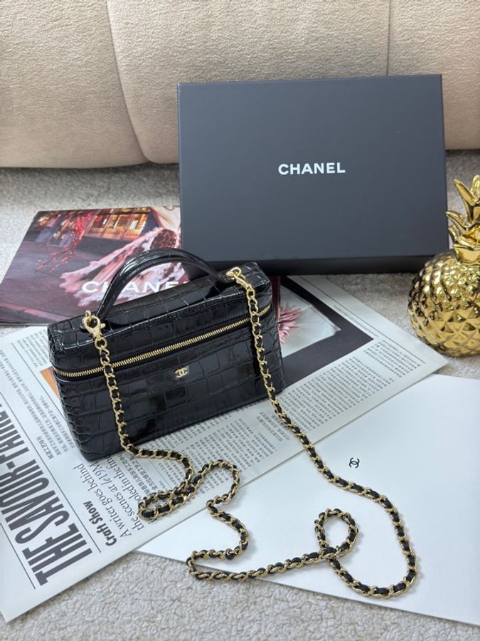 全新爆款Chanel 香奈兒26A黑金鰐魚壓紋LP飯盒包 鏈條肩帶,-0