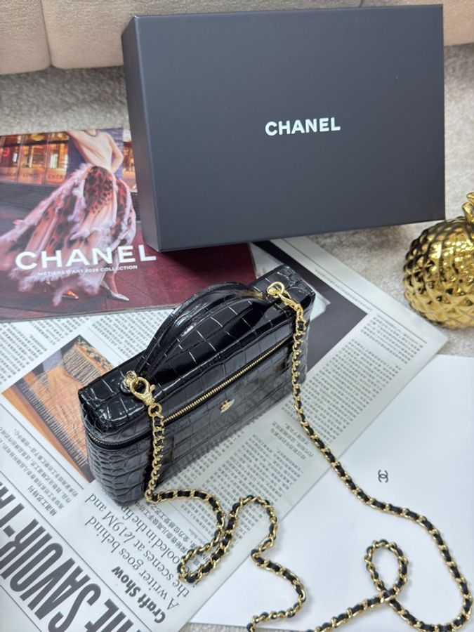 全新爆款Chanel 香奈兒26A黑金鰐魚壓紋LP飯盒包 鏈條肩帶,-1