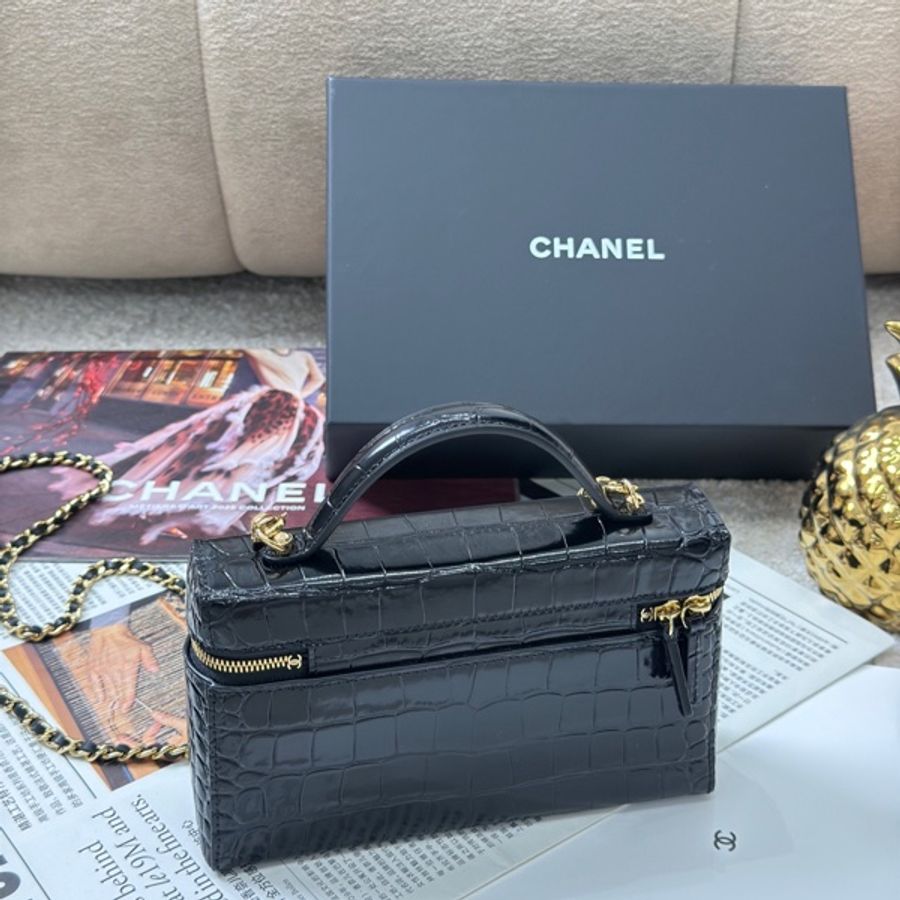 全新爆款Chanel 香奈兒26A黑金鰐魚壓紋LP飯盒包 鏈條肩帶,-7