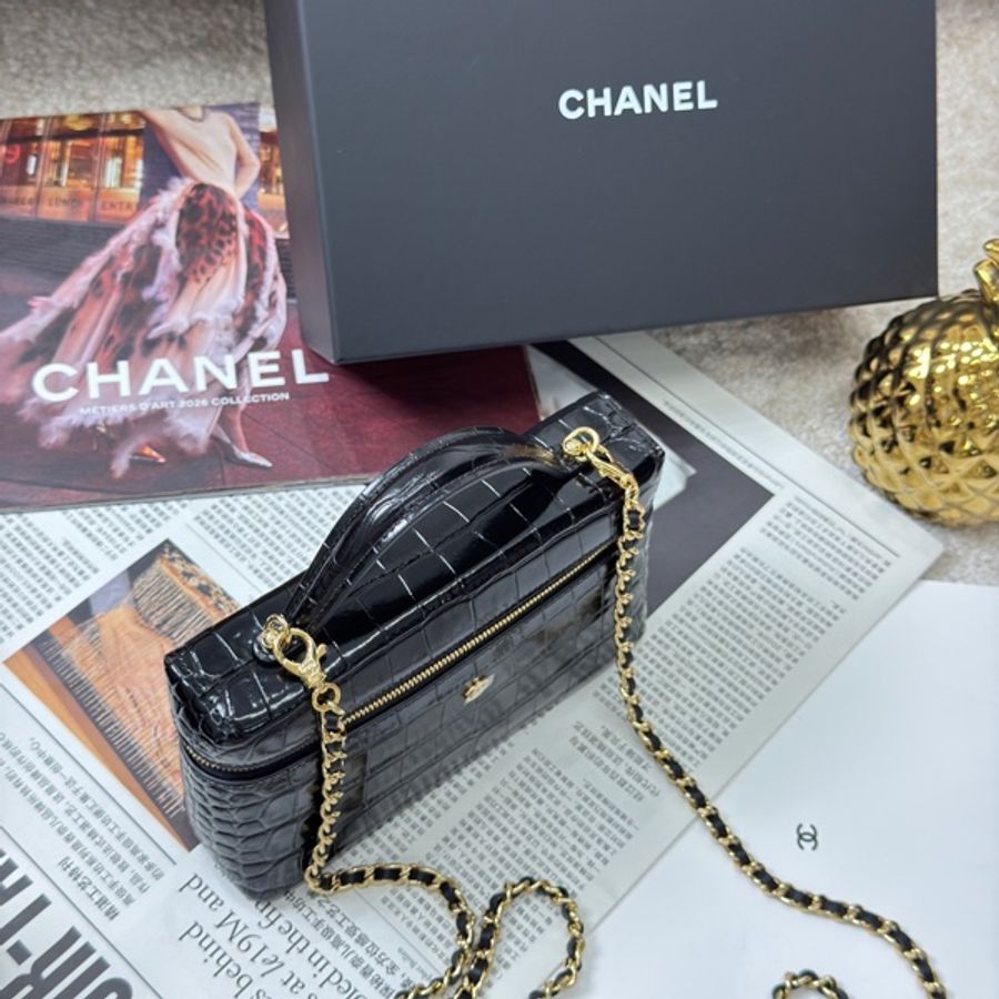 全新爆款Chanel 香奈兒26A黑金鰐魚壓紋LP飯盒包 鏈條肩帶,-8