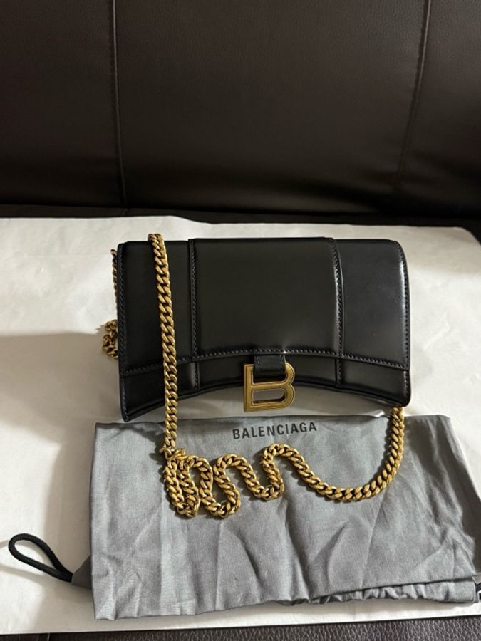 Balenciaga巴黎世家 hourglass斜挎沙漏包金扣鏈條小牛皮 沙漏包手拿單肩-0