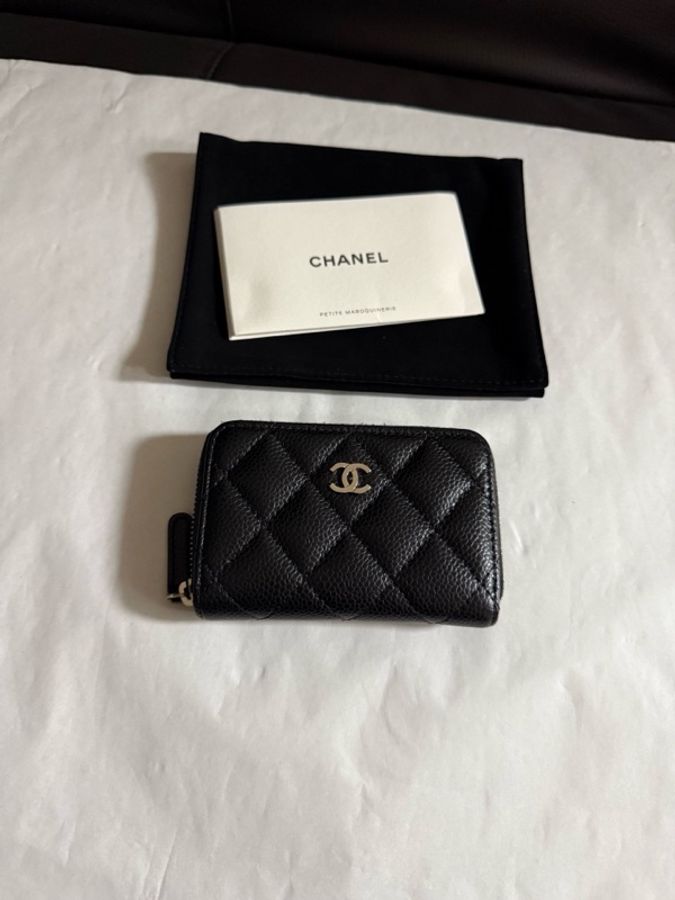 chanel香奈兒 黑銀荔枝紋牛皮拉鍊短款錢包錢夾卡包 25開有塵袋-0