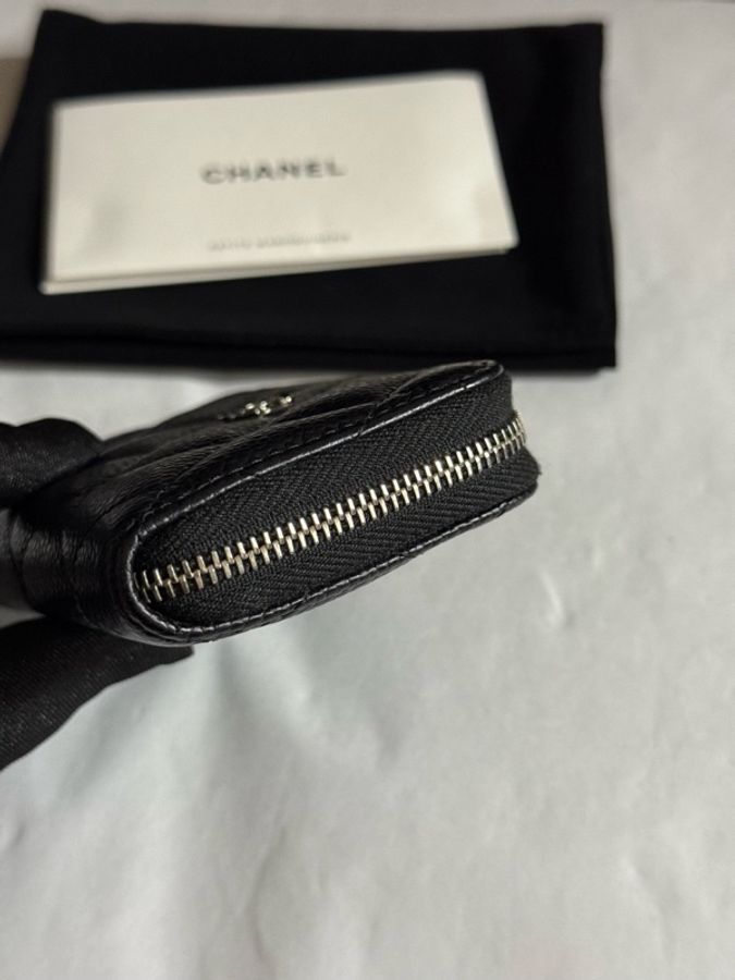 chanel香奈兒 黑銀荔枝紋牛皮拉鍊短款錢包錢夾卡包 25開有塵袋-2