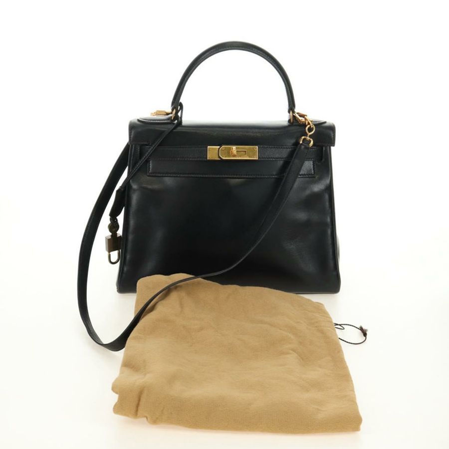 【日本直送】愛馬仕 Kelly 28 手提包 Box 小牛肉 2 手提包 黑色 金色 正品 185189SM-11