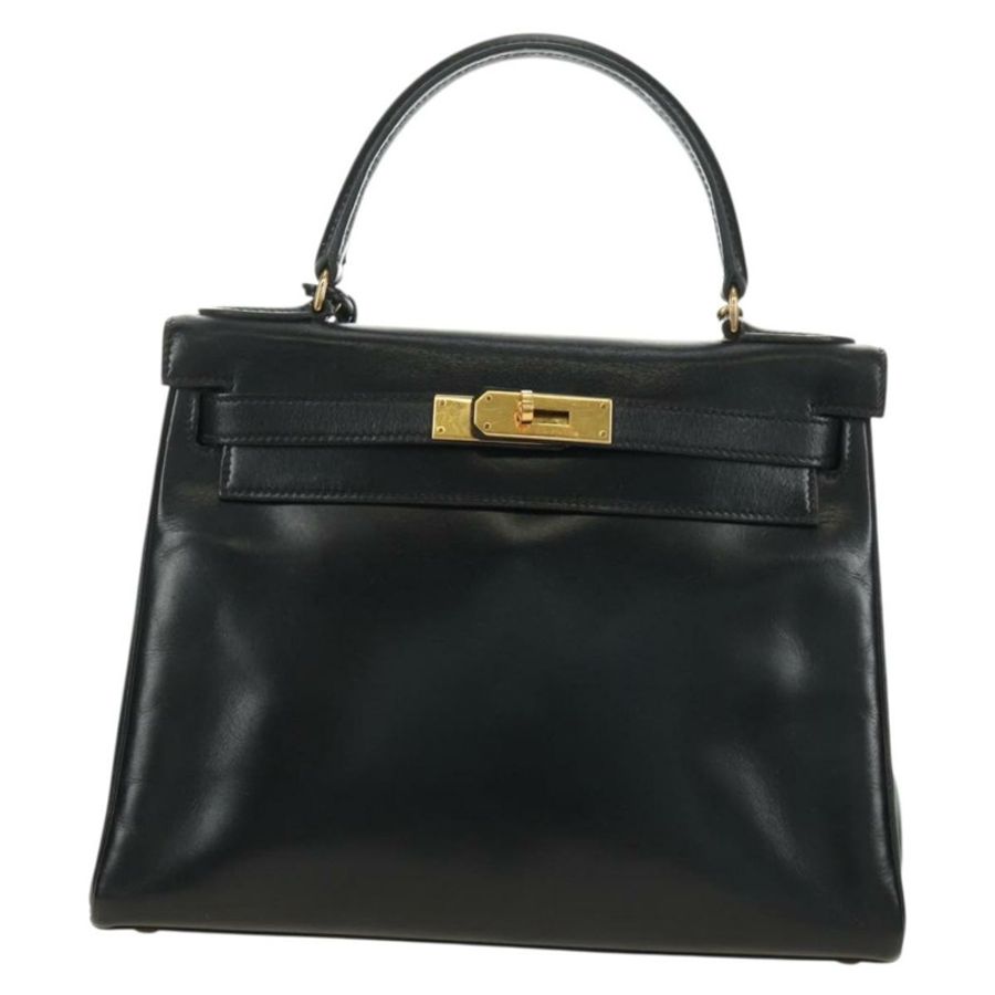 【日本直送】愛馬仕 Kelly 28 手提包 Box 小牛肉 2 手提包 黑色 金色 正品 185189SM-12