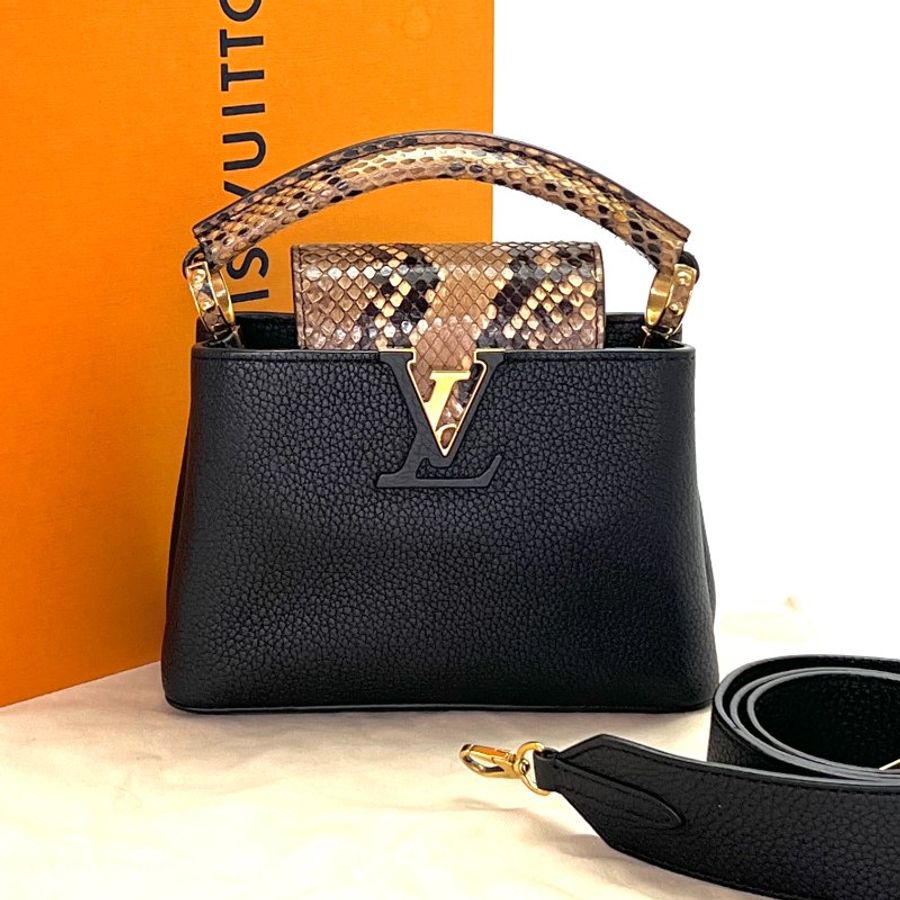 LV Capucines mini黑金蛇皮  手柄手提肩背斜背包20*13*7.5 98新配件盒子塵袋-2