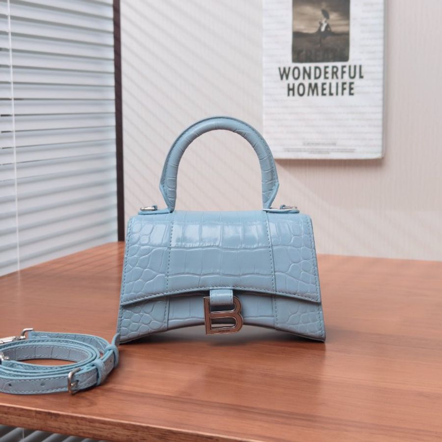 BALENCIAGA 藍色銀扣鱷魚壓紋XS手提斜背沙漏包 19*12*7 98新配件塵袋-2