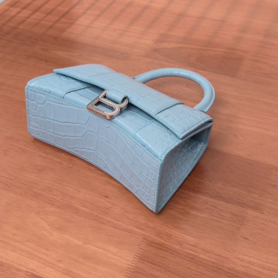 BALENCIAGA 藍色銀扣鱷魚壓紋XS手提斜背沙漏包 19*12*7 98新配件塵袋-3