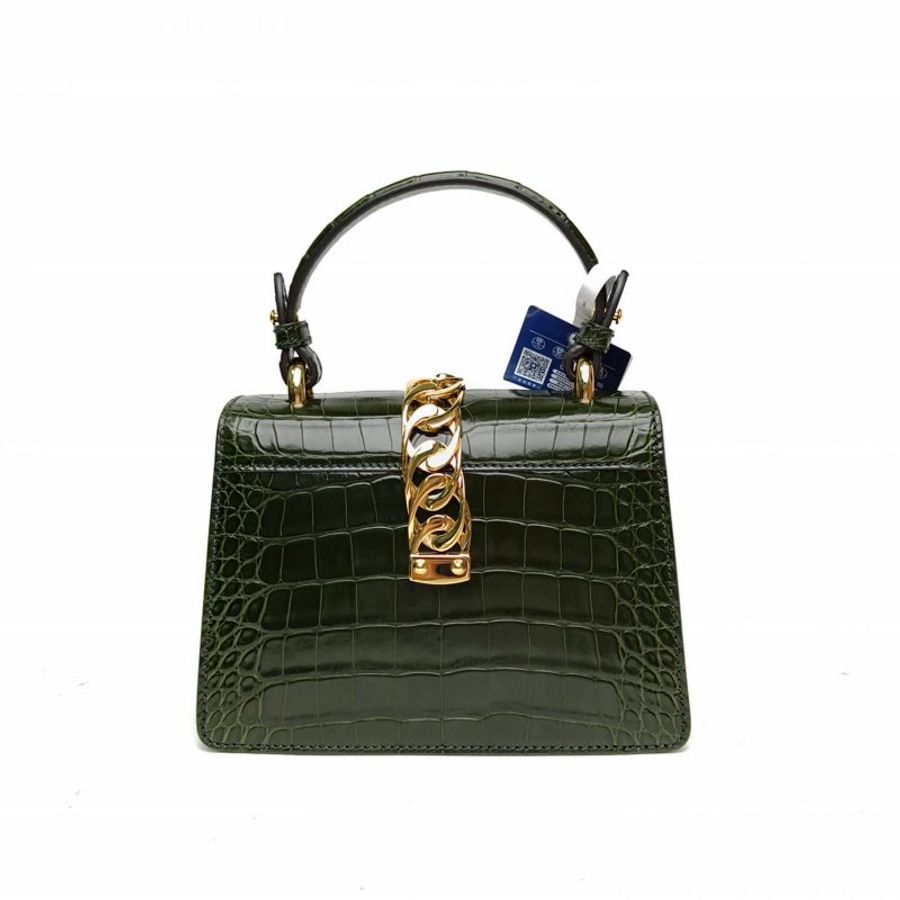 GUCCI 綠色鱷魚皮金扣Sylvie塞爾維亞絲帶包Mini肩背包-2
