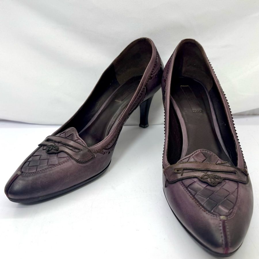 Bottega Veneta Intrecciato 皮革編織高跟鞋 暗紫色 #38.5-0