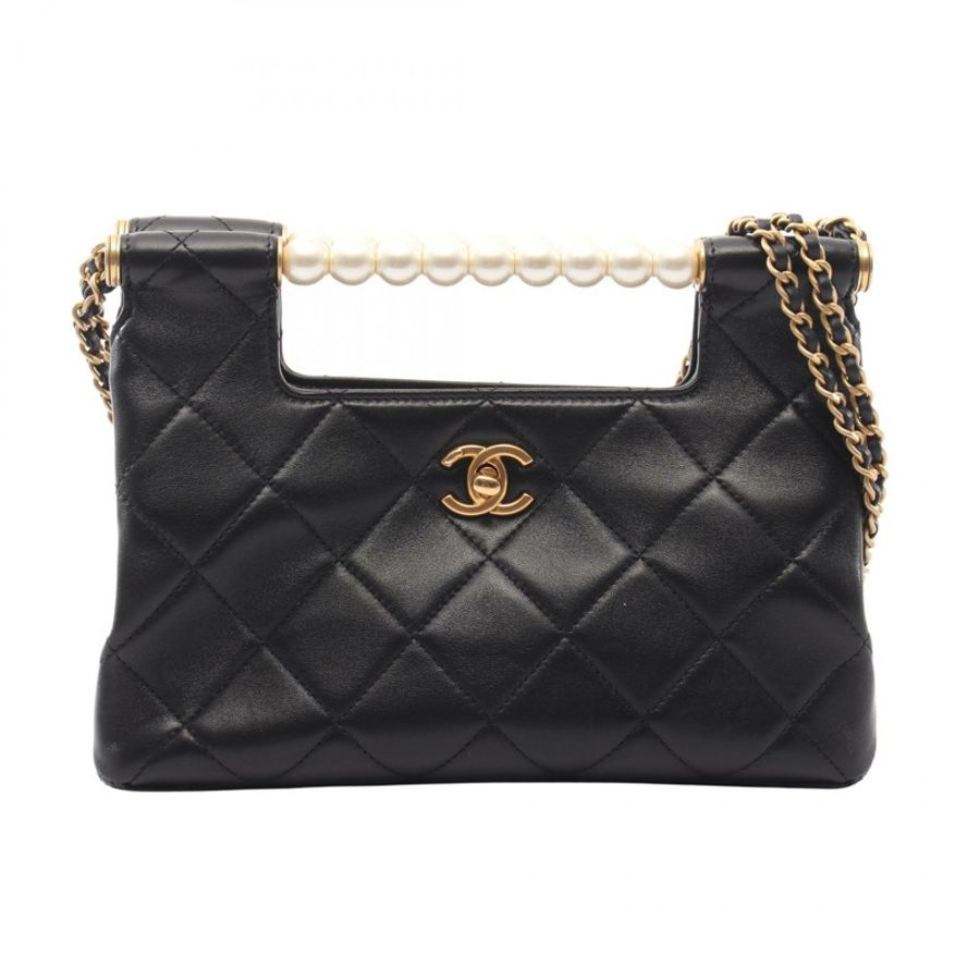 香奈兒 (CHANEL) Matelasse Pearl Handle 2WAY Chain Shoulder Bag Lambskin Black GHW Used-0
