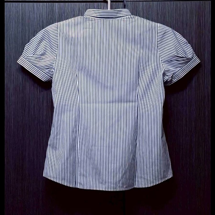 BURBERRY 博柏利 LONDON BLUE LABEL 藍標 戰馬 女藍白條紋修身短袖襯衫38號-1