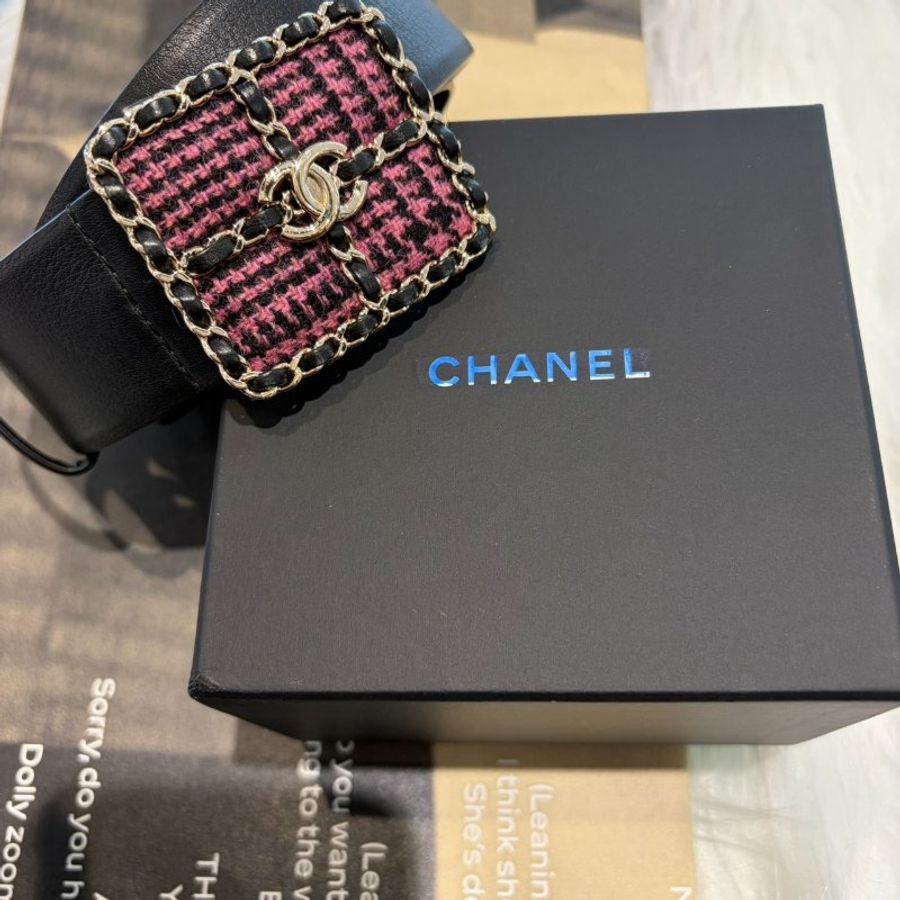 CHANEL 毛呢皮穿鍊皮帶*黑75/30-0