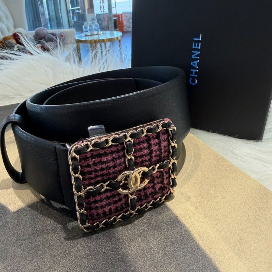 CHANEL 毛呢皮穿鍊皮帶*黑75/30-1