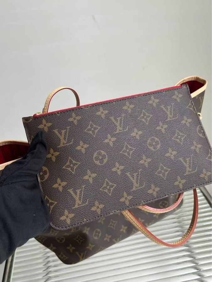 Louis Vuitton/路易威登 neverfull 中型老花 子母包購物袋 紅色內裡, 底長:32cm-4