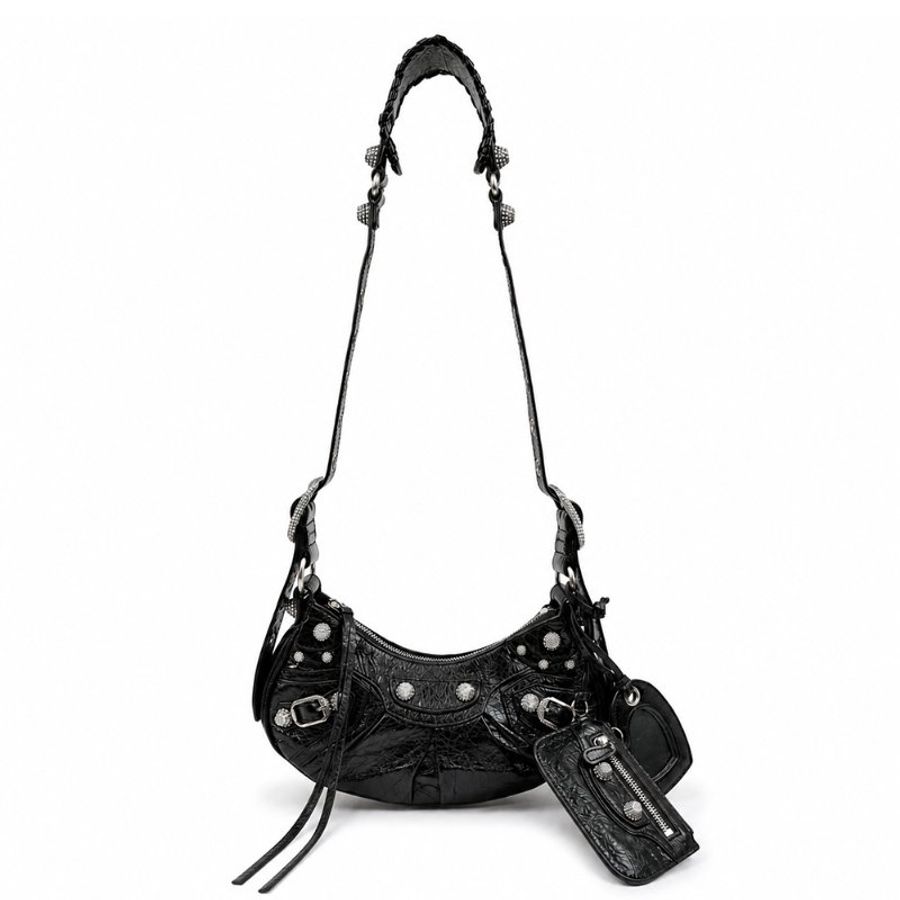 KÉSH 凱仕精品|BALENCIAGA Le Cagole XS 機車包 黑色肩背包|巴黎世家 Arena 羊皮水鑽銀釦半月包|附愛心鏡零錢包-0