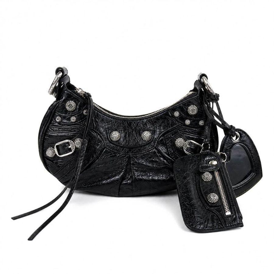 KÉSH 凱仕精品|BALENCIAGA Le Cagole XS 機車包 黑色肩背包|巴黎世家 Arena 羊皮水鑽銀釦半月包|附愛心鏡零錢包-2