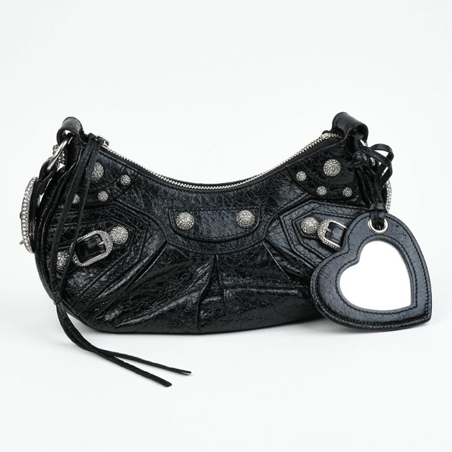 KÉSH 凱仕精品|BALENCIAGA Le Cagole XS 機車包 黑色肩背包|巴黎世家 Arena 羊皮水鑽銀釦半月包|附愛心鏡零錢包-5