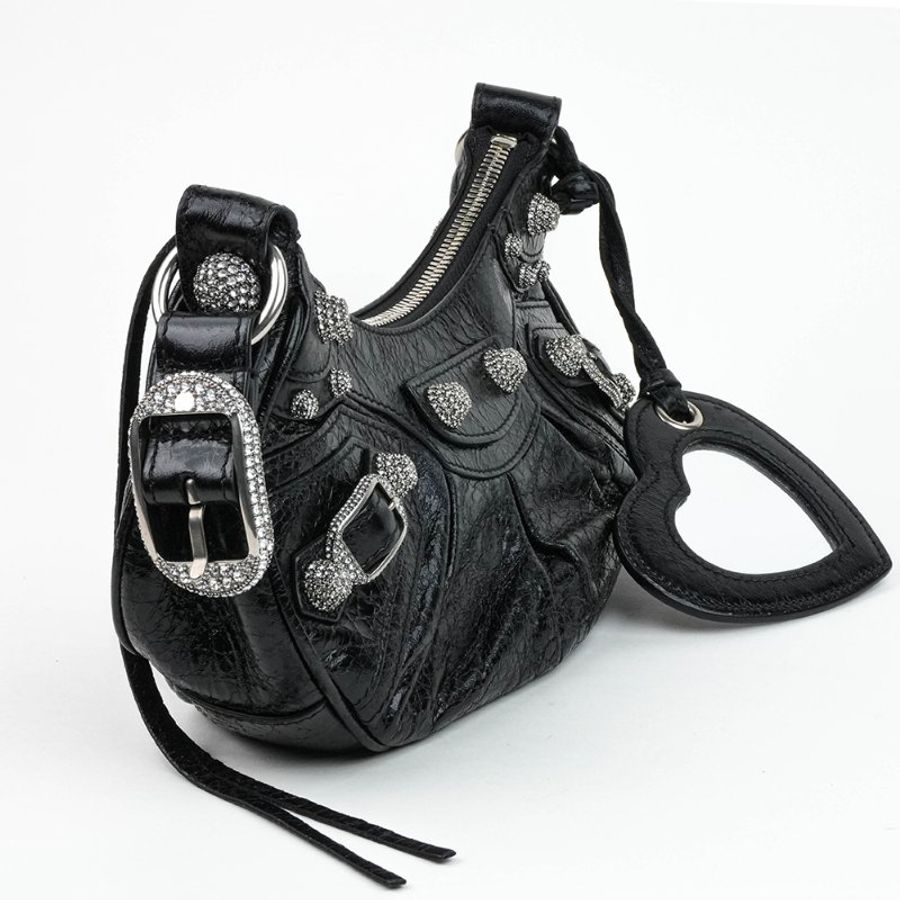 KÉSH 凱仕精品|BALENCIAGA Le Cagole XS 機車包 黑色肩背包|巴黎世家 Arena 羊皮水鑽銀釦半月包|附愛心鏡零錢包-6