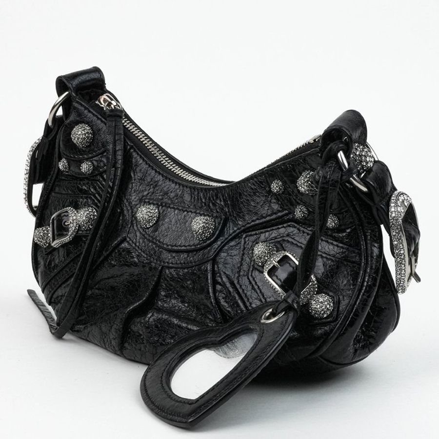 KÉSH 凱仕精品|BALENCIAGA Le Cagole XS 機車包 黑色肩背包|巴黎世家 Arena 羊皮水鑽銀釦半月包|附愛心鏡零錢包-10