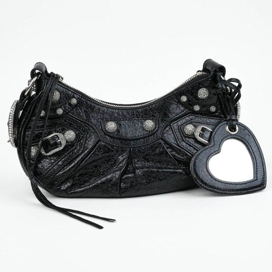 KÉSH 凱仕精品|BALENCIAGA Le Cagole XS 機車包 黑色肩背包|巴黎世家 Arena 羊皮水鑽銀釦半月包|附愛心鏡零錢包-12