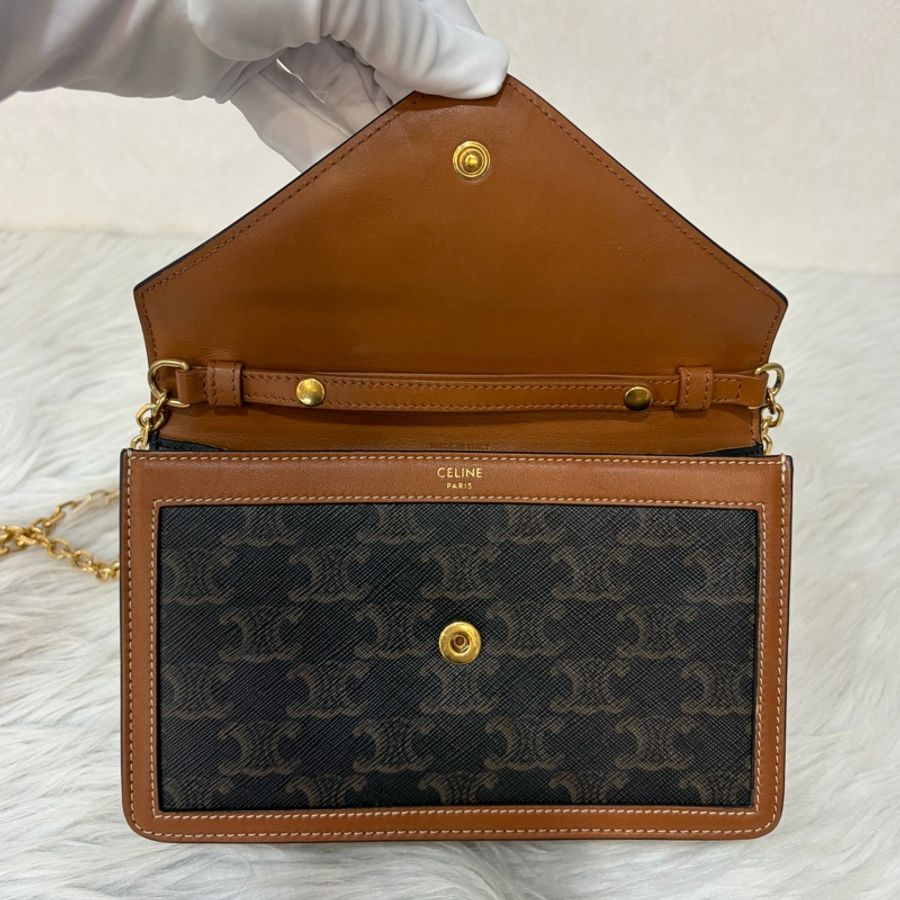 CELINE 10I822 凱旋門TRIOMPHE 帆布皮革 手拿包 鍊帶包 黃褐色 斜背包-19
