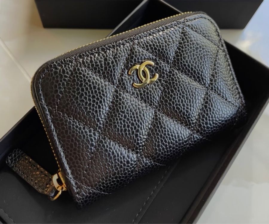 Chanel 香奈兒 經典拉鏈零錢包 晶片款 牛皮黑金-0