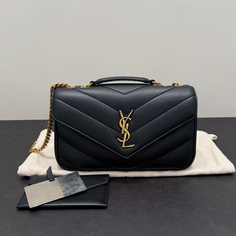 YSL聖羅蘭 LOULOU系列黑金V紋羊皮信封包 鏈條包小號-1